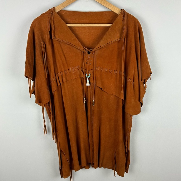 Vintage Rust Suede Fringe Poncho Top with Beaded Detail - Picture 1 of 4